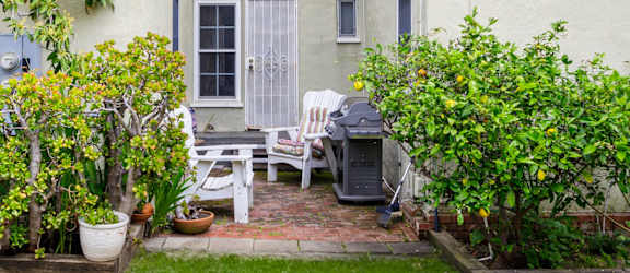 the backyard of a white apartment building with a lawn and plants