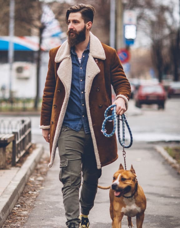 a man walking his dog down the street