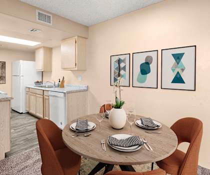 Dining and kitchen area at Silver Cliffs Apartments in Bullhead City Arizona