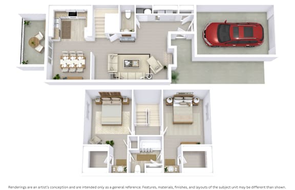 3D floor plan with angled view, room layout, and furniture placement for a two-story two-bedroom townhome at 1,209 sq. ft.