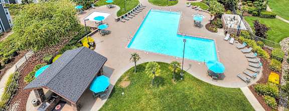 Aerial view of pool area at Rosemeade Apartments, Roseville, 95661