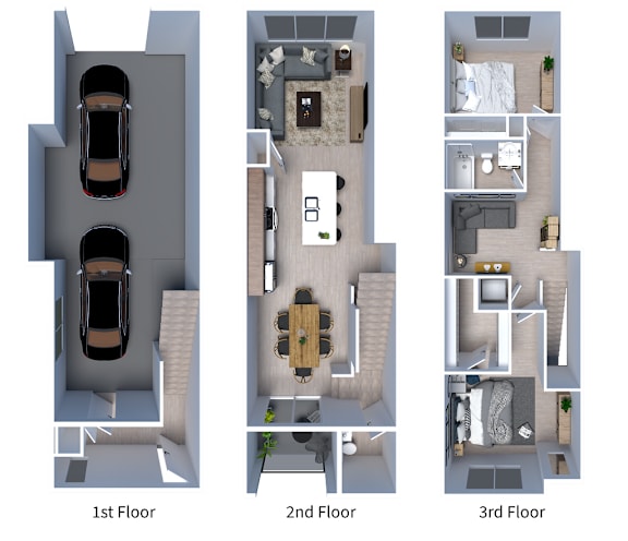 three dimensional floor plans of a 2 bed 15 bath apartment
