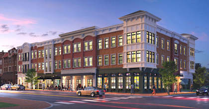 a rendering of a building on a city street