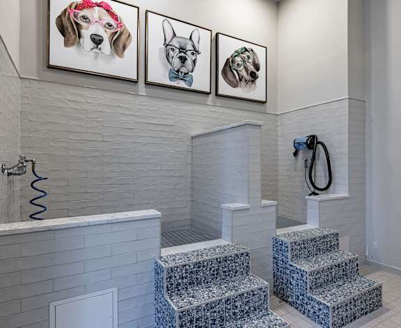 a bathroom with white tiles and pictures of dogs on the wall