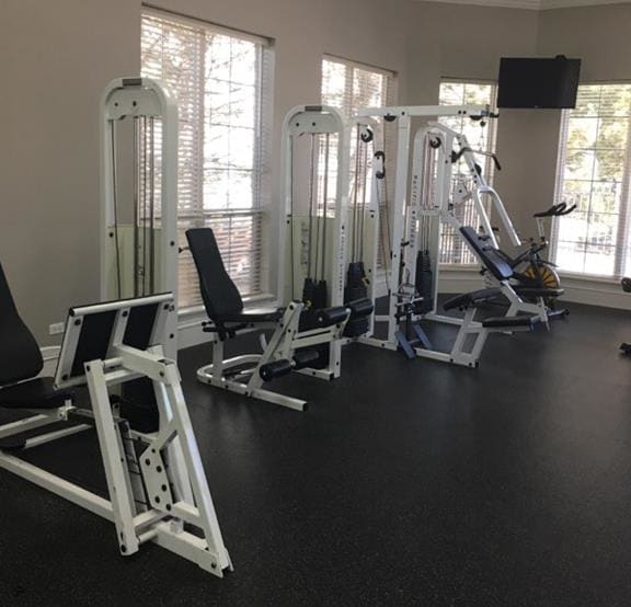 a gym with a lot of exercise equipment in it at Remington Apartment Homes, Romeoville, IL