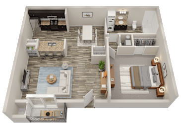 A 3D floor plan of a small apartment with a living room, kitchen, and two bedrooms.