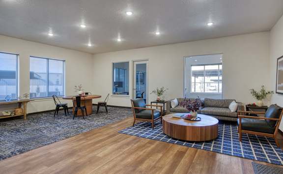 Kitchen with Dark Accents at Maye House Apartments