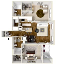 Two bedroom, Two bathroom floor plan at Audubon Park in Zachary, LA