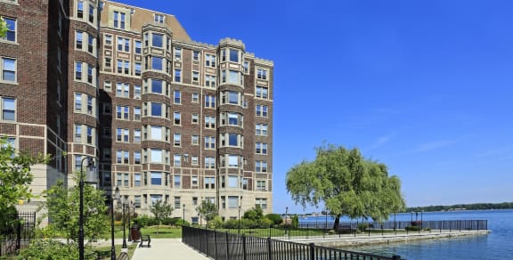 Image of Alden Towers on the Detroit River with a Blue Sky background