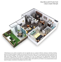 A 3D floor plan of a Blue Mesa with Private Yard apartment.