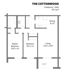 2 Bed 1 Bath The Cottonwood Floor Plan 2 Bed 1 Bath The Cottonwood Floor Plan at Aspenwoods Apartments, Eagan