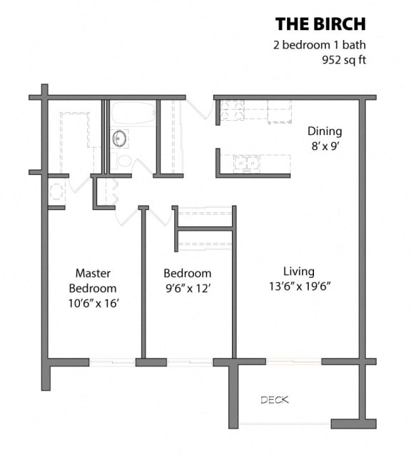 Floor Plan  2 Bed 1.3 Bath The Birch Floor Plan at Aspenwoods Apartments, Eagan