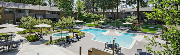 A pool surrounded by plants and trees with a building in the background.