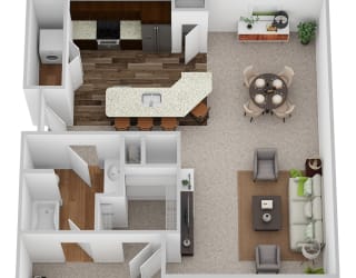 a stylized floor plan with a bedroom and living room