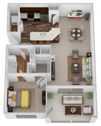 a stylized floor plan with a bedroom and living room