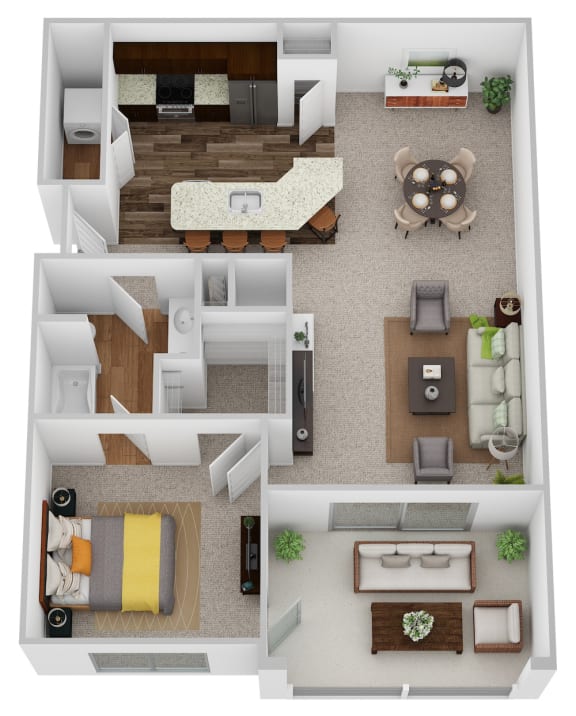 a stylized floor plan with a bedroom and living room