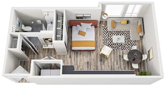 A top down view of a small apartment layout.