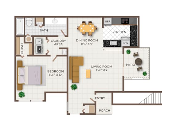 A floor plan of a one bedroom apartment with a bath.