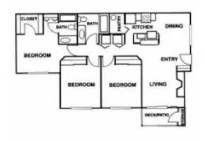 A floor plan for a 3 bedroom 2 bathroom apartment is shown.