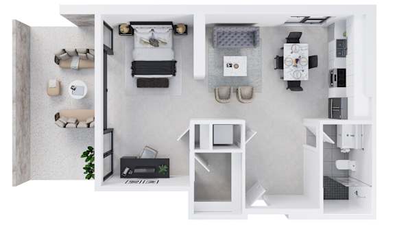 A white room with a bed, a desk, a chair, a shelf, and a plant.