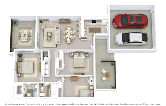 3D floor plan of a 3-bedroom, 2-bathroom ranch-style townhome showing layout and furniture across 1,265 sq. ft.