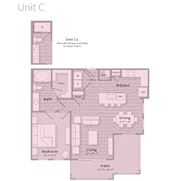 A diagram of a floor plan for Unit C, showing the layout of the bedroom, bath, kitchen, dining area, and patio.