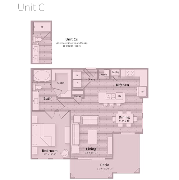 A diagram of a floor plan for Unit C, showing the layout of the bedroom, bath, kitchen, dining area, and patio.