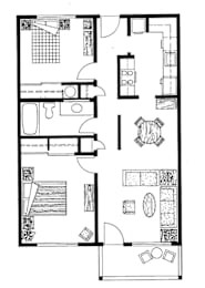 A black and white floor plan of a two bedroom apartment.