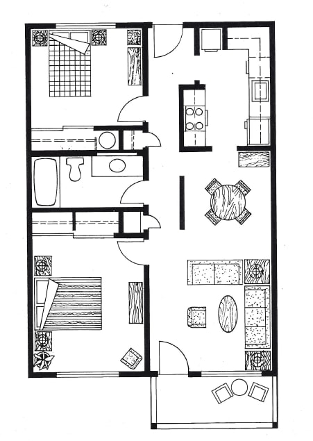 A black and white floor plan of a two bedroom apartment.