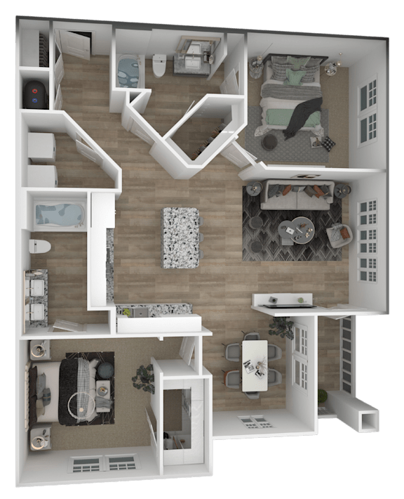A 3D floor plan of a house with multiple rooms and furniture.