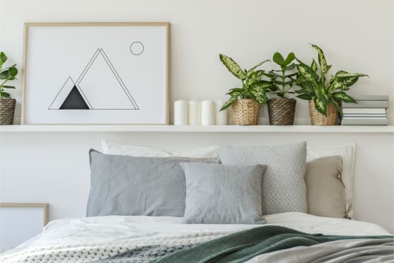a bedroom with white walls and a bed with a green blanket