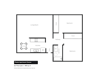 A floor plan of a 2x1 floor plan 900 sq ft apartment.