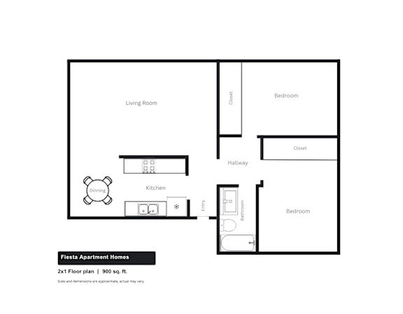 A floor plan of a 2x1 floor plan 900 sq ft apartment.