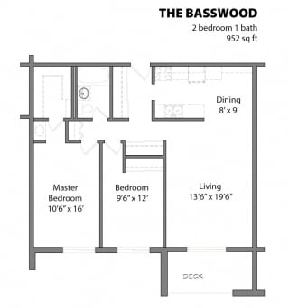 2 Bed 1 Bath The Basswood Floor Plan at Aspenwoods Apartments, Minnesota