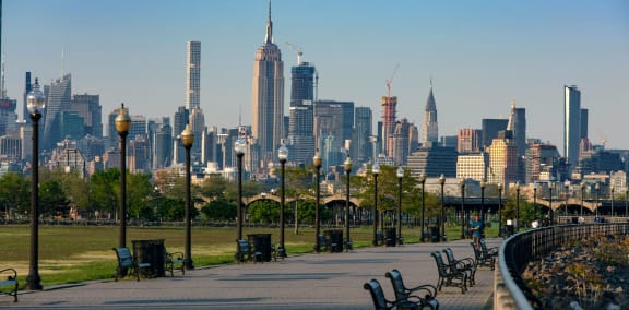 a park with benches and a view at 100 House Apartments, Jersey City , New Jersey