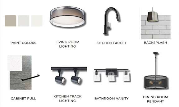 A collection of home decor items including a ring, faucet, backsplash, pull, track lighting, vanity, and pendant.