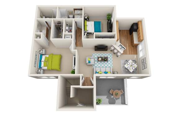 A 3D floor plan of a small apartment with a kitchen, living room, and bedroom.