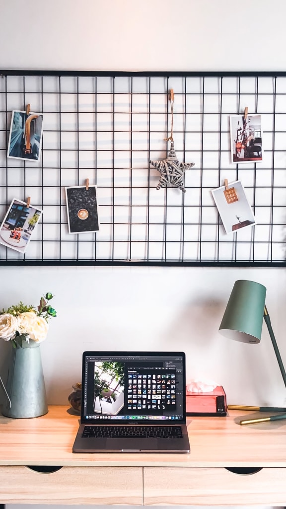 Home Office with Desk with Laptop and Wall Art