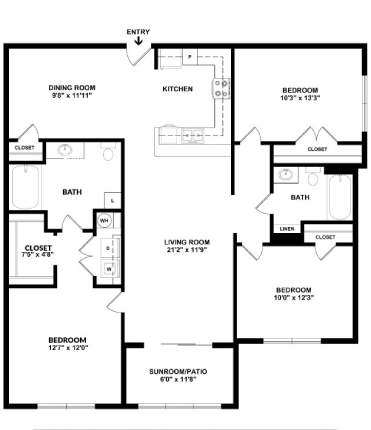 A black and white image of a floor plan for a house with a living room, dining room, kitchen, and several bedrooms.
