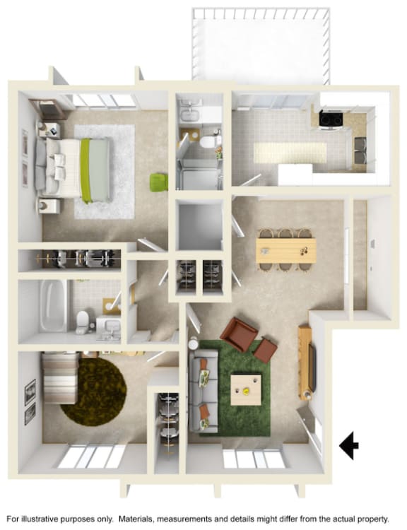 Floor Plan  Two Bedroom, Two Bathroom 950 sqft apartment with washer and dryer connections closet in dining room