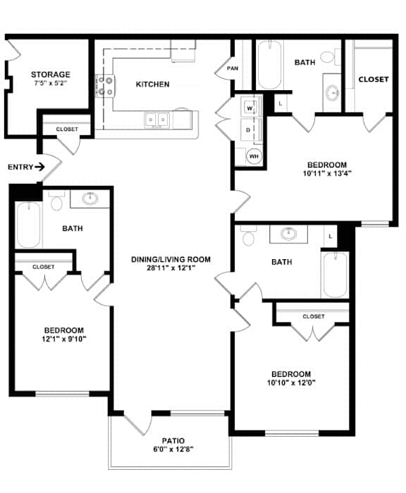 A black and white floor plan of a house with labeled rooms and dimensions.