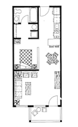 A black and white floor plan of a studio apartment.