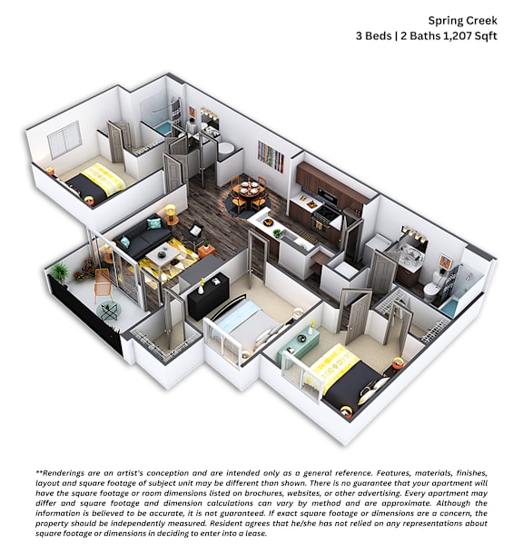 A 3 Beds | 2 Baths 1,207 Sqft Spring Creek apartment layout.