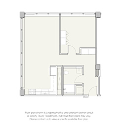 A floor plan for a one-bedroom apartment at Liberty Tower Residences is shown.
