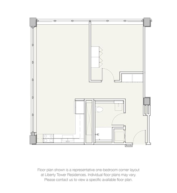 A floor plan for a one-bedroom apartment at Liberty Tower Residences is shown.