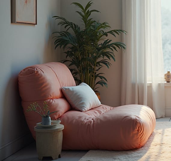 Two orange sofas are placed in a room with a large window and a plant