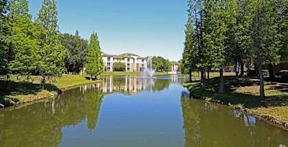 a pond with a fountain and a house in the background