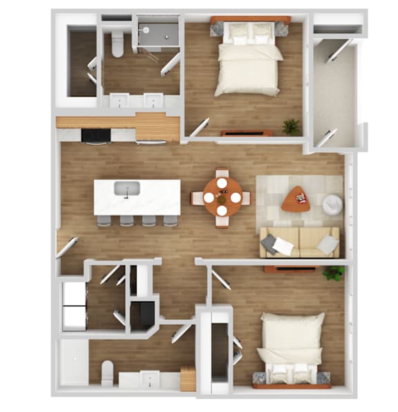 A floor plan of a house with a living room, kitchen, and two bedrooms.