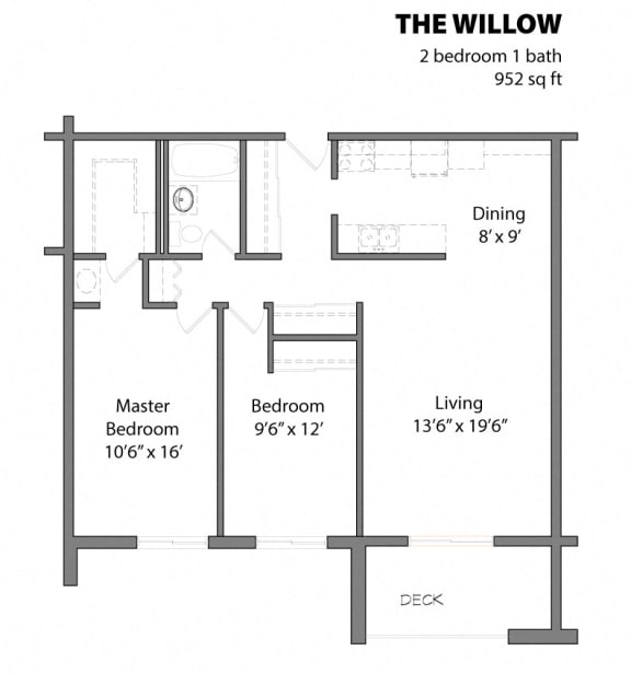 2 Bed 1 Bath The Willow Floor Plan at Aspenwoods Apartments, Eagan, Minnesota