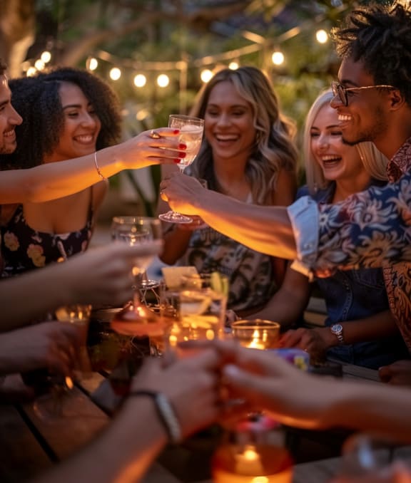 a group of people sitting around a table with drinks